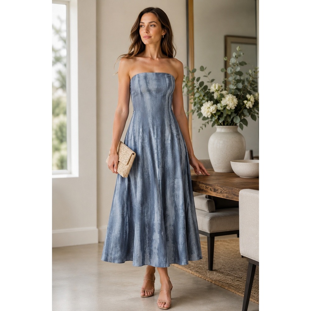 Lauren Ralph Lauren Strapless Blue Watercolor Maxi Dress Size 4 NWT Formal